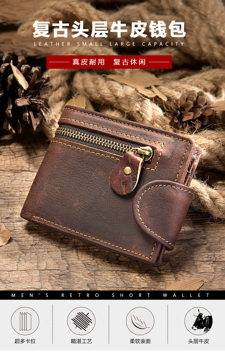 Men's short wallet, genuine cowhide leather, multi-functional coin purse, zipper, clasp, men's wallet 