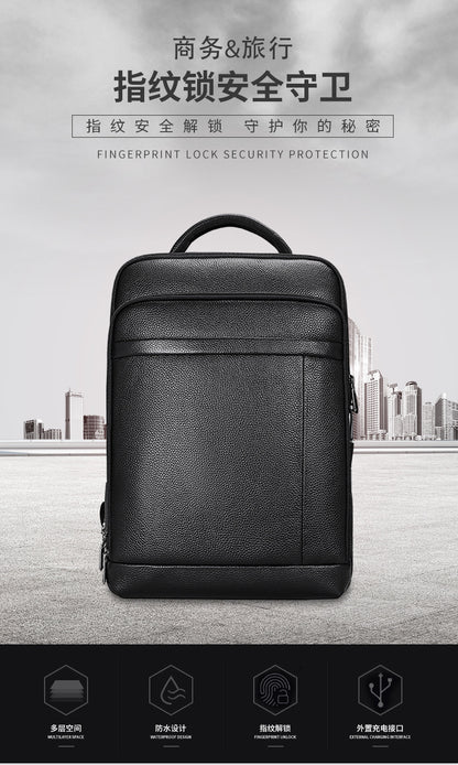 Men's backpack, cowhide, genuine leather, business fingerprint lock, large capacity school bag, computer bag 