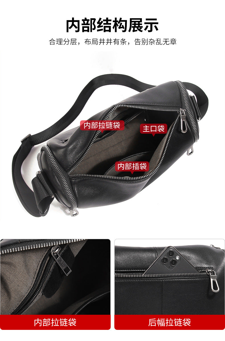 Men's shoulder bag Genuine cowhide leather cylindrical fashion casual large capacity crossbody bag for men 