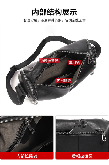 Men's shoulder bag Genuine cowhide leather cylindrical fashion casual large capacity crossbody bag for men 