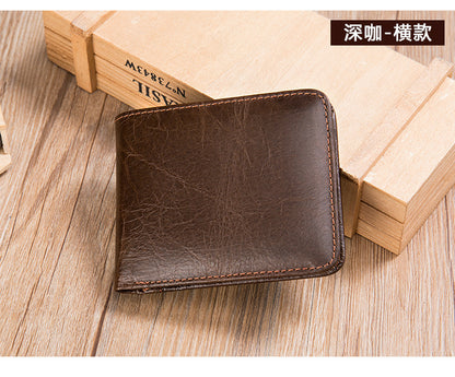 Men's short wallet, portable, compact, genuine cowhide leather, retro commuting fashion, card bag wallet for men 