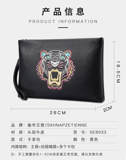 Men's Clutch Bag Genuine Cowhide Leather Casual Fashion Tiger Head Embroidery Men's Handbag 