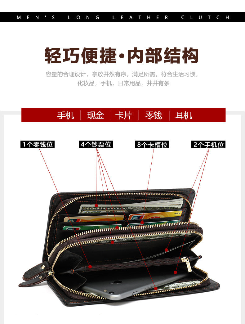 Men's Clutch Bag Genuine Cowhide Leather Wallet Card Holder Business Large Capacity Long Wallet Men's Handbag 