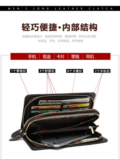 Men's Clutch Bag Genuine Cowhide Leather Wallet Card Holder Business Large Capacity Long Wallet Men's Handbag 