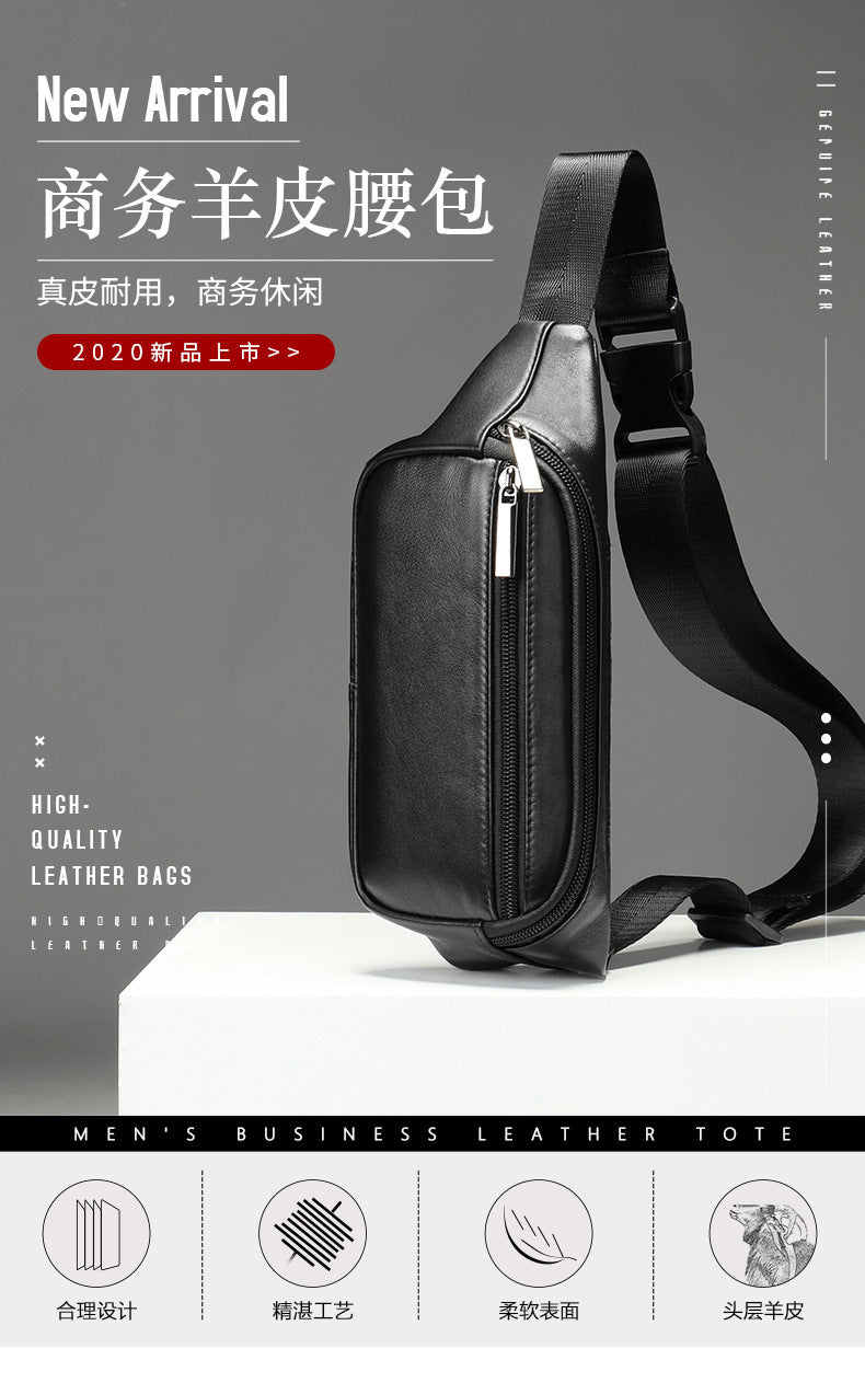 Men's Waist Bag Genuine Sheepskin Leather Simple Retro Waterproof Crossbody Bust Bag 