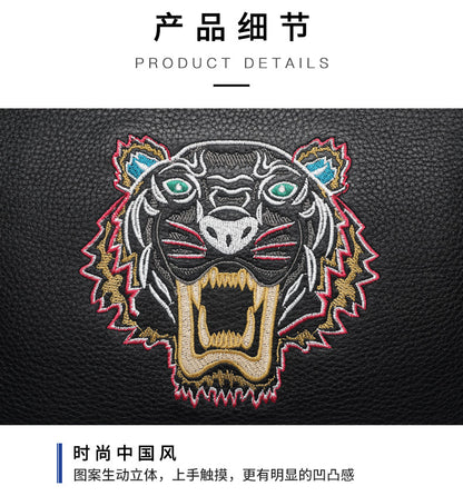Men's Clutch Bag Genuine Cowhide Leather Casual Fashion Tiger Head Embroidery Men's Handbag 