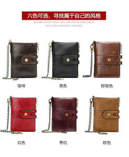 Men's short wallet genuine cowhide leather retro RFID anti-theft card bag 