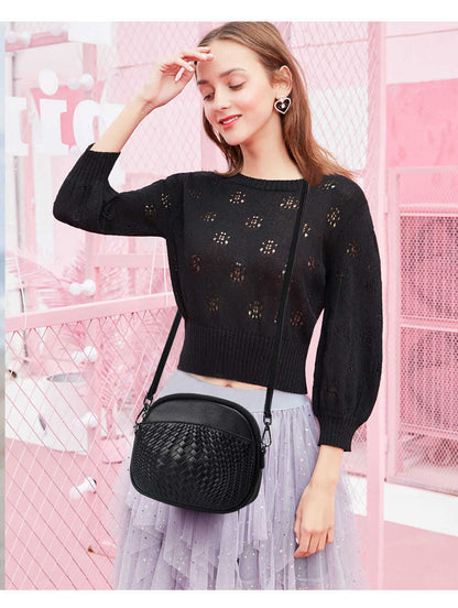 Women's bag Genuine leather small bag Stylish woven cowhide leather casual retro shoulder bag that goes with anything. Pochette