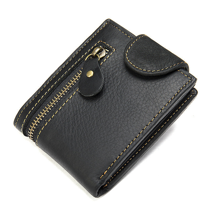 Men's short wallet, genuine cowhide leather, multi-functional coin purse, zipper, clasp, men's wallet 