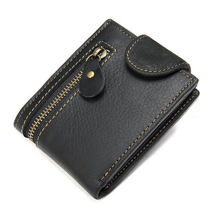Men's short wallet, genuine cowhide leather, multi-functional coin purse, zipper, clasp, men's wallet 