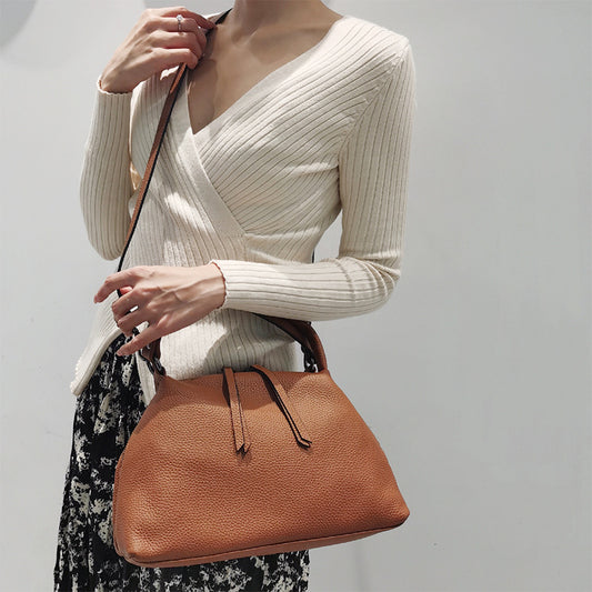 Zipper Cowhide Tote Bag Simple Ladies Bag Large Capacity Handbag Shoulder Bag Diagonal Shoulder Bag