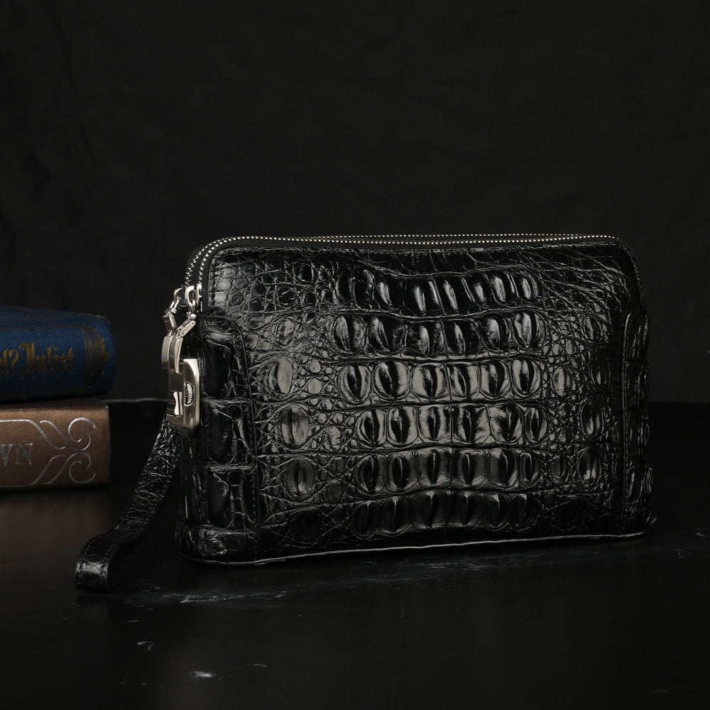 Men's Bag Crocodile Skin Genuine Leather Business Double Zipper Security Lock Privacy Protection Handbag 