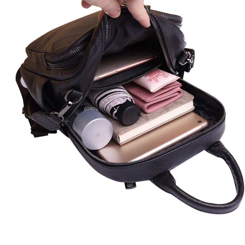 Black Backpack Large Capacity Casual Headlayer Cowhide Backpack Handbagable Shoulder Bag