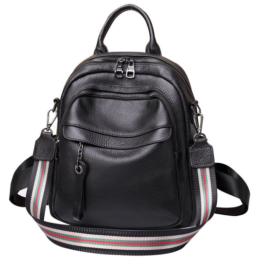 Black Backpack Large Capacity Casual Headlayer Cowhide Backpack Handbagable Shoulder Bag