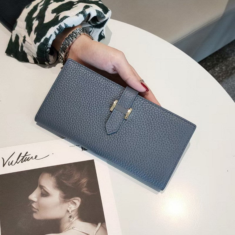 Simple Ladies Cowhide Handbag Lychee Pattern Fashion Long Bifold Wallet Genuine Leather Wallet 