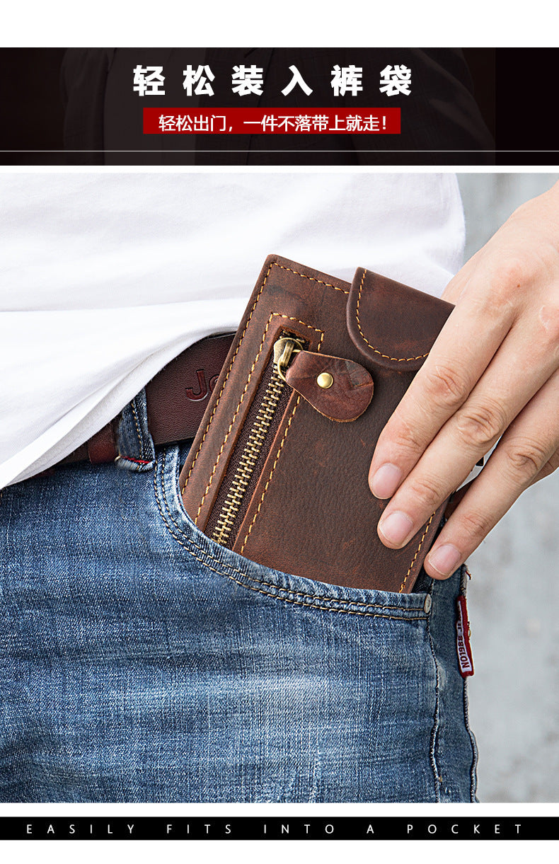 Men's short wallet, genuine cowhide leather, multi-functional coin purse, zipper, clasp, men's wallet 