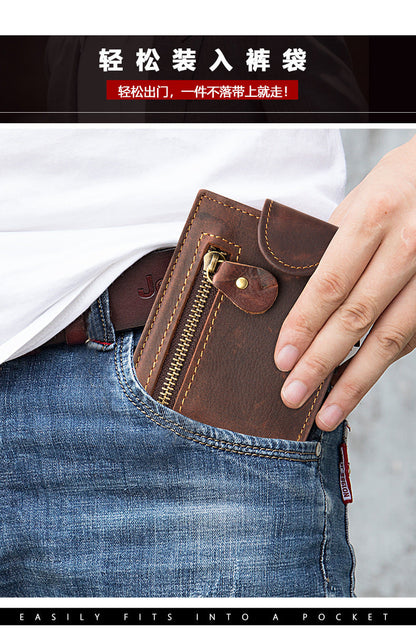 Men's short wallet, genuine cowhide leather, multi-functional coin purse, zipper, clasp, men's wallet 