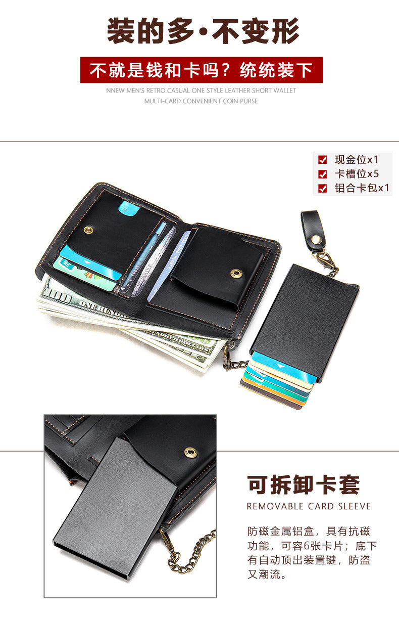 Men's short wallet genuine cowhide leather aluminum alloy automatic pop-up card bag RFID anti-theft brush wallet for men 