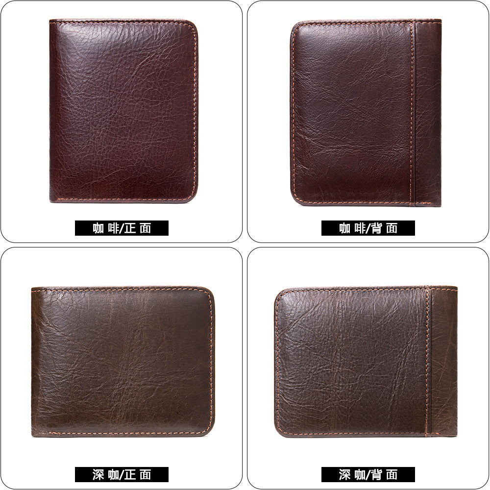 Men's short wallet, portable, compact, genuine cowhide leather, retro commuting fashion, card bag wallet for men 