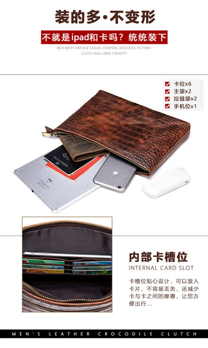 Men's Clutch Bag Business Crocodile Crest Cow Leather Handbag for Men 