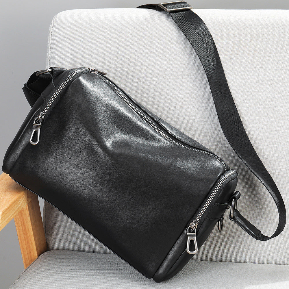 Men's shoulder bag Genuine cowhide leather cylindrical fashion casual large capacity crossbody bag for men 