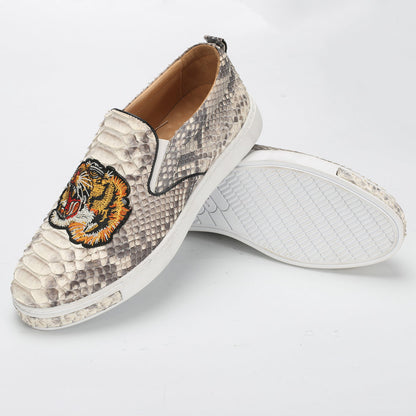 Python Skin Genuine Leather Men's Moccasins Embroidery Tiger Head Fashion Men Shoes Casual Shoes 