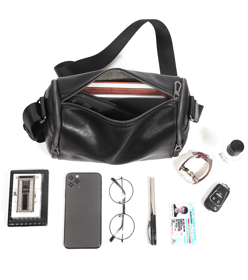 Men's shoulder bag Genuine cowhide leather cylindrical fashion casual large capacity crossbody bag for men 