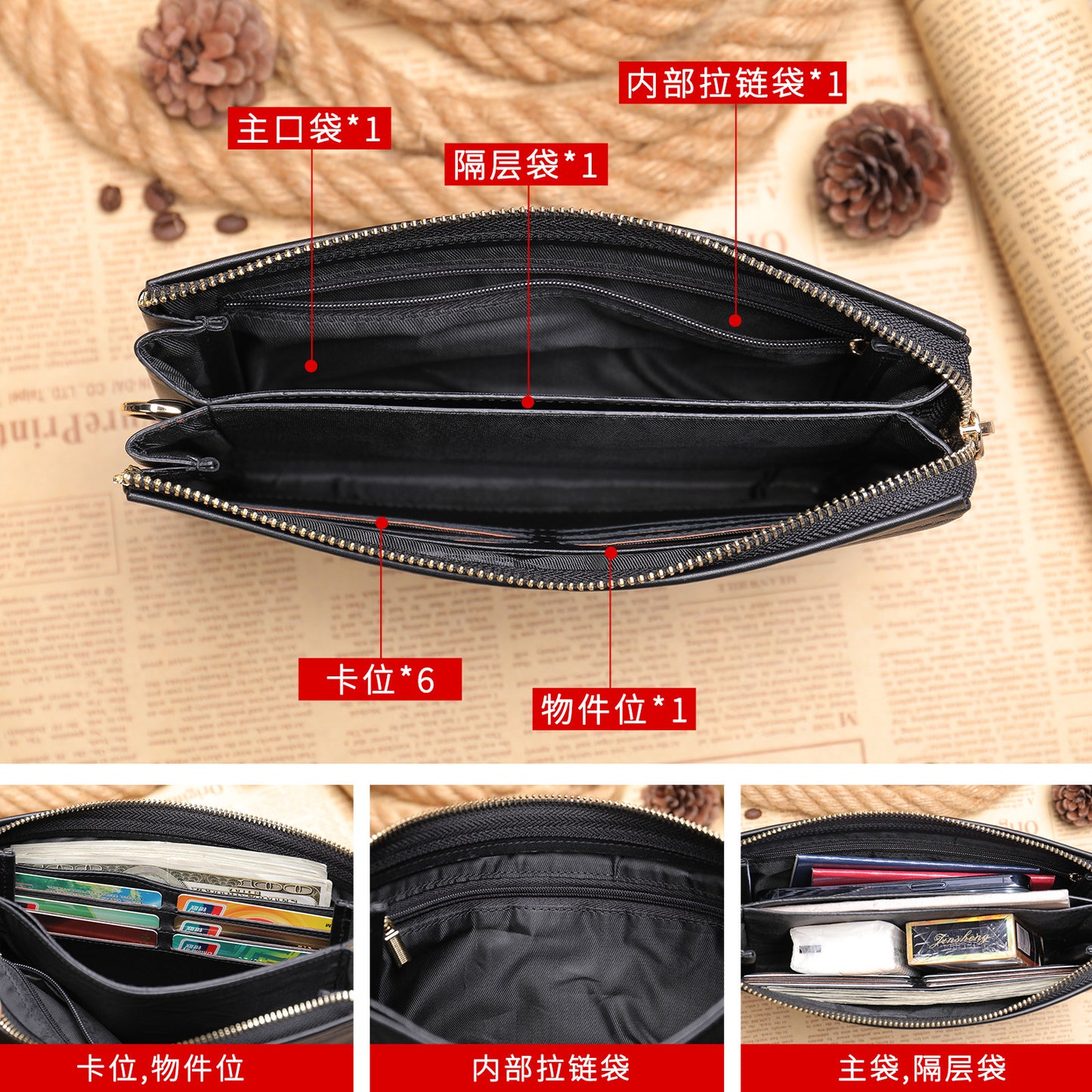 Men's Long Wallet Sheepskin Large Capacity Clutch Bag Business Wrist Bag Men's Wallet 