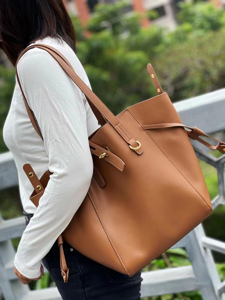 Women's Handbag Genuine Leather Shoulder Bag Large Capacity Goes with Anything Tote Bucket Bucket Bag Casual
