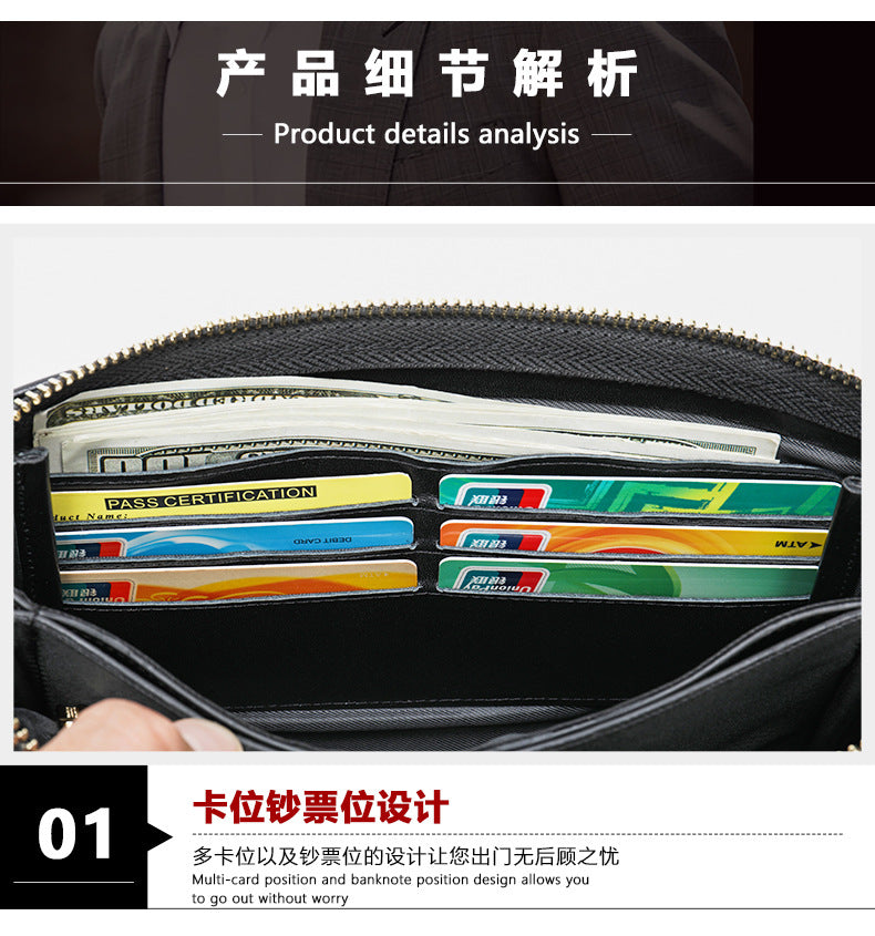 Men's Long Wallet Sheepskin Large Capacity Clutch Bag Business Wrist Bag Men's Wallet 