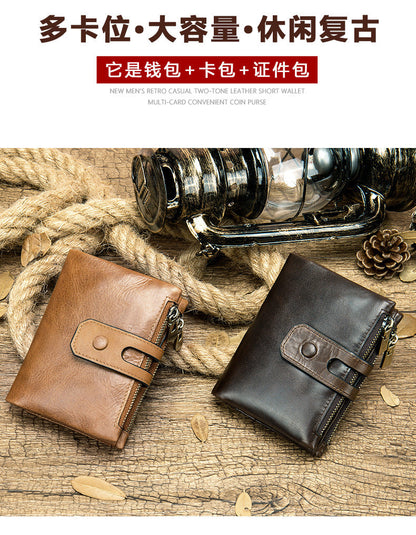 Men's short wallet genuine cowhide leather retro RFID anti-theft card bag 