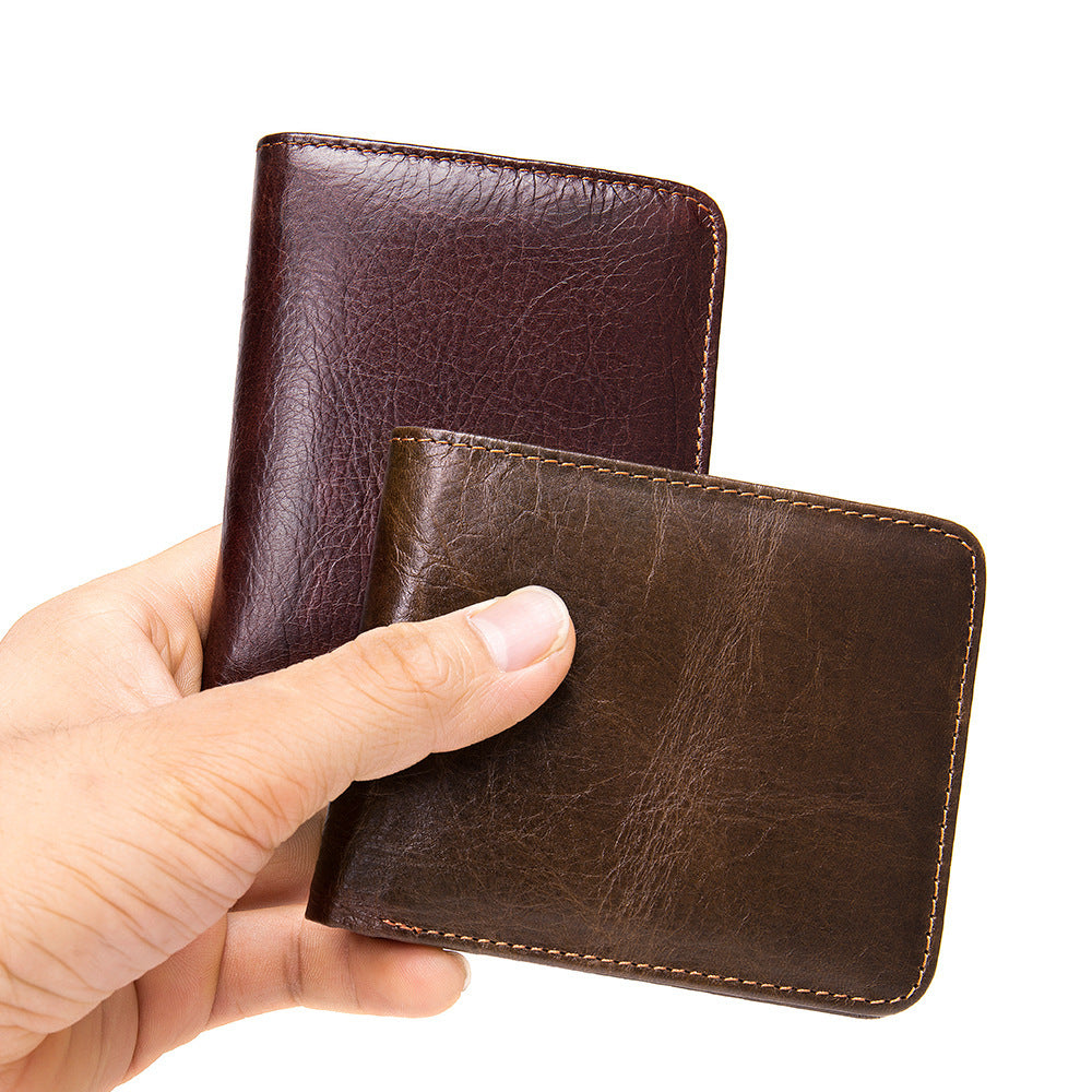 Men's short wallet, portable, compact, genuine cowhide leather, retro commuting fashion, card bag wallet for men 