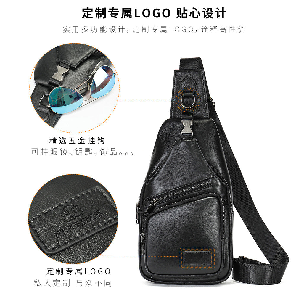 Men's bust bag, genuine cowhide leather, many pockets, casual fashion, men's crossbody bag, shoulder bag 