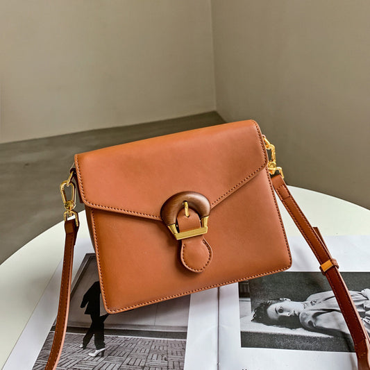 Casual textured genuine leather ladies square bag lock single shoulder crossbody ladies bag