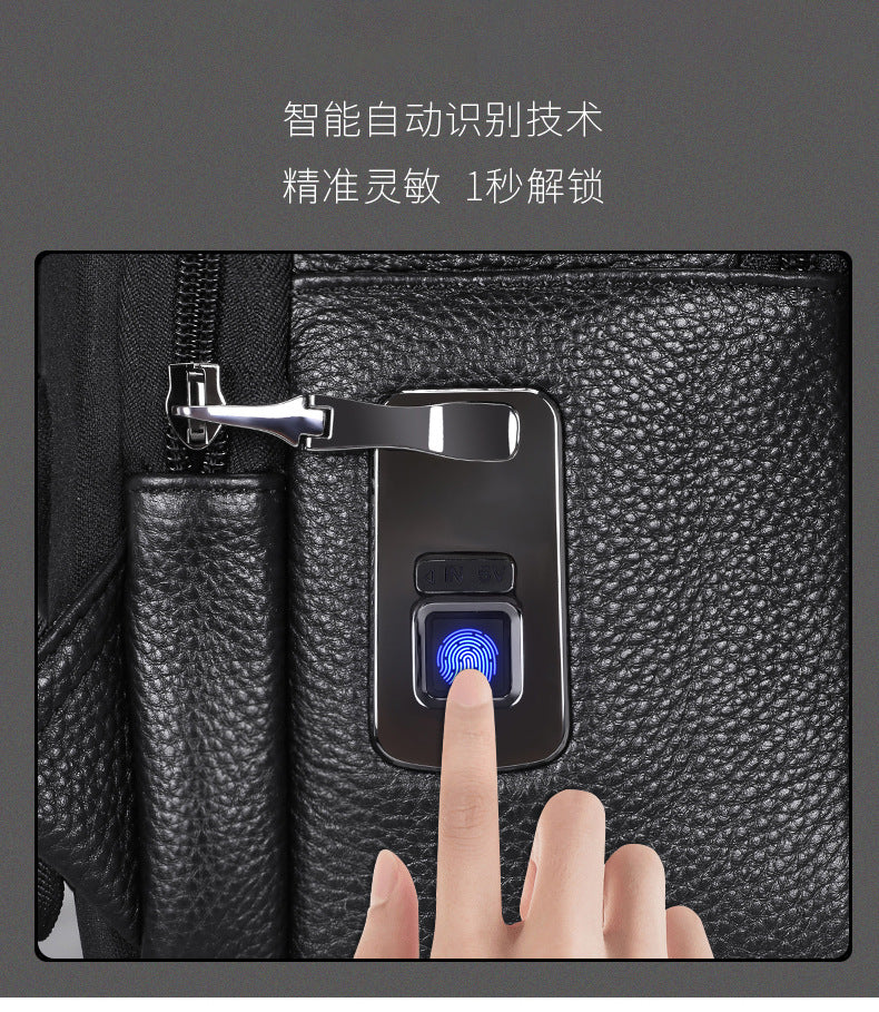 Men's backpack, cowhide, genuine leather, business fingerprint lock, large capacity school bag, computer bag 