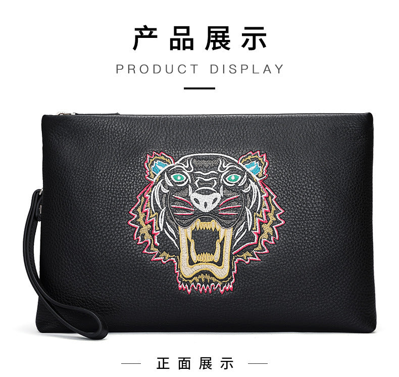 Men's Clutch Bag Genuine Cowhide Leather Casual Fashion Tiger Head Embroidery Men's Handbag 