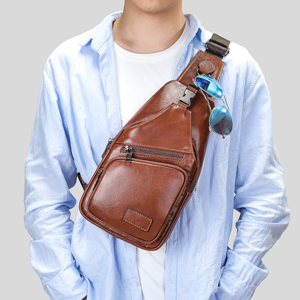 Men's bust bag, genuine cowhide leather, many pockets, casual fashion, men's crossbody bag, shoulder bag 