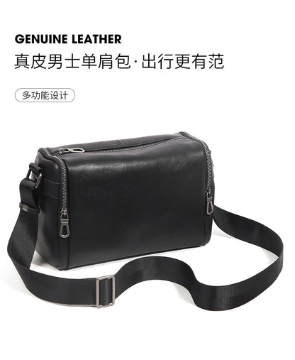 Men's shoulder bag Genuine cowhide leather cylindrical fashion casual large capacity crossbody bag for men 