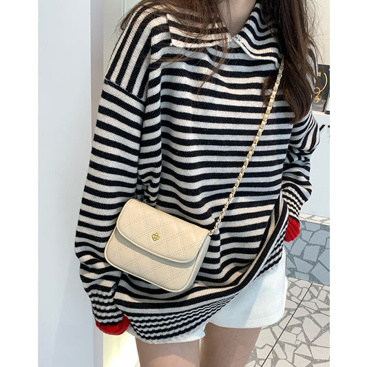 Ladies simple genuine leather shoulder bag check chain bag mini pouch goes with anything