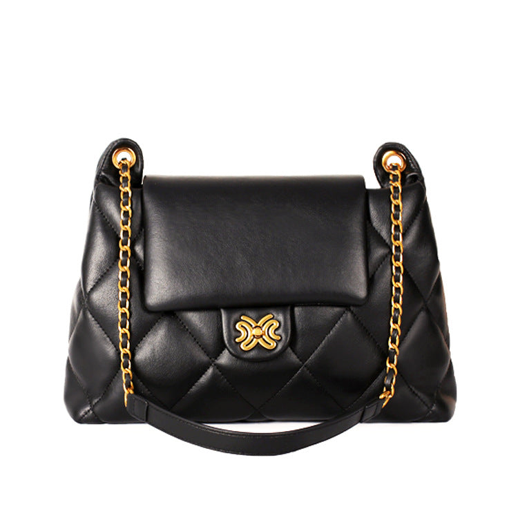 Ladies bag check chain bag genuine leather commuting large capacity shoulder bag tote bag