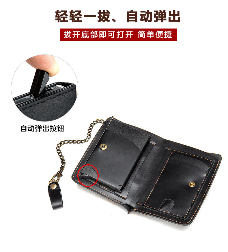 Men's short wallet genuine cowhide leather aluminum alloy automatic pop-up card bag RFID anti-theft brush wallet for men 