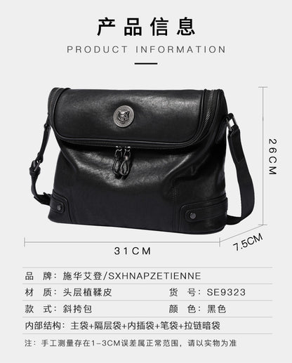 Men's shoulder bag, genuine cowhide leather, casual, multi-functional, large capacity, fashion crossbody bag 