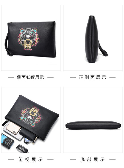Men's Clutch Bag Genuine Cowhide Leather Casual Fashion Tiger Head Embroidery Men's Handbag 