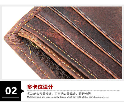 Men's short wallet, genuine cowhide leather, multi-functional coin purse, zipper, clasp, men's wallet 