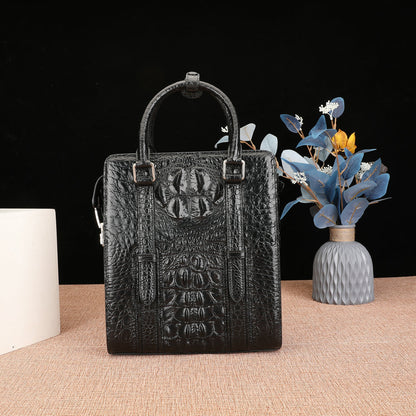 Crocodile Bone Skin Genuine Leather Men's Briefcase Business Commuting Casual Crossbody Shoulder Bag Vertical Handbag 