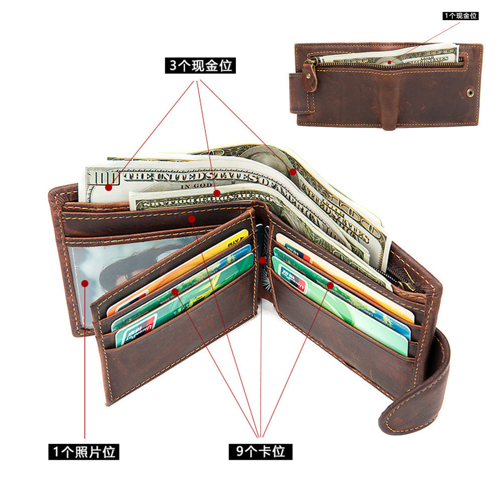 Men's short wallet, genuine cowhide leather, multi-functional coin purse, zipper, clasp, men's wallet 