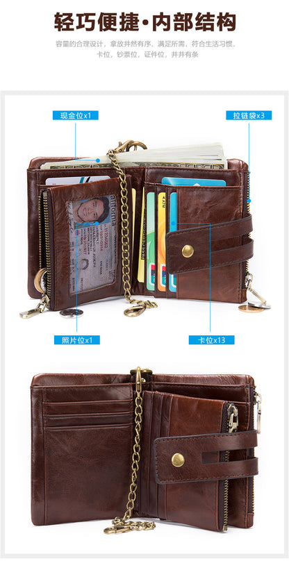Men's short wallet made of genuine cowhide leather with multi-functional zipper and card bag wallet for men 