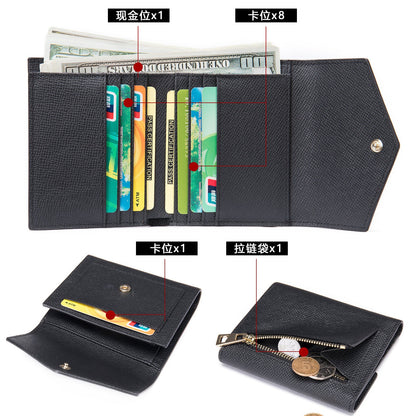 Men's short wallet, genuine cowhide leather, casual lychee pattern, coin, card bag, unisex wallet 