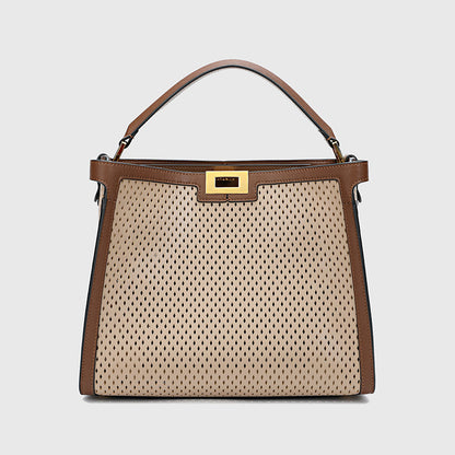 Casual large capacity cowhide openwork color ladies handbag crossbody bag goes with anything 