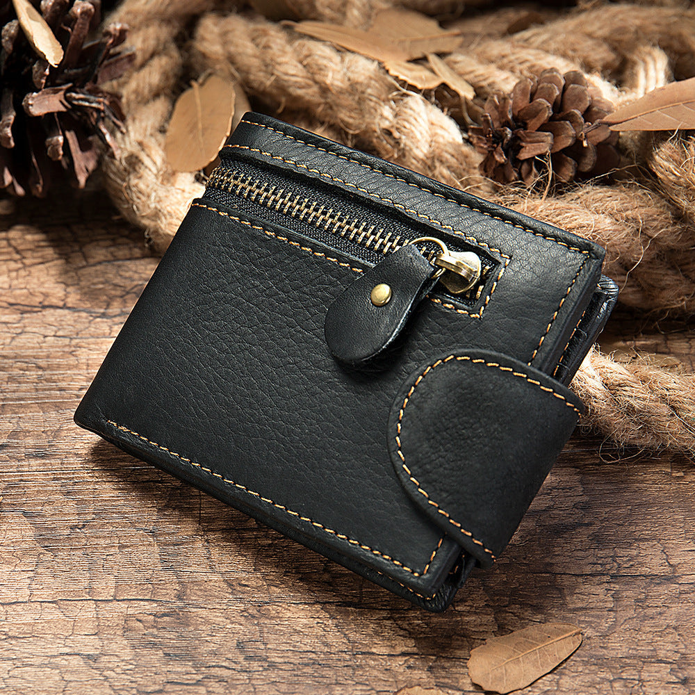 Men's short wallet, genuine cowhide leather, multi-functional coin purse, zipper, clasp, men's wallet 